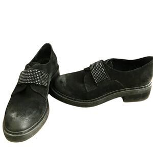 Manas Black Suede Studded Loafers Size 36 – Glossy Black Studs, Block Heel - New